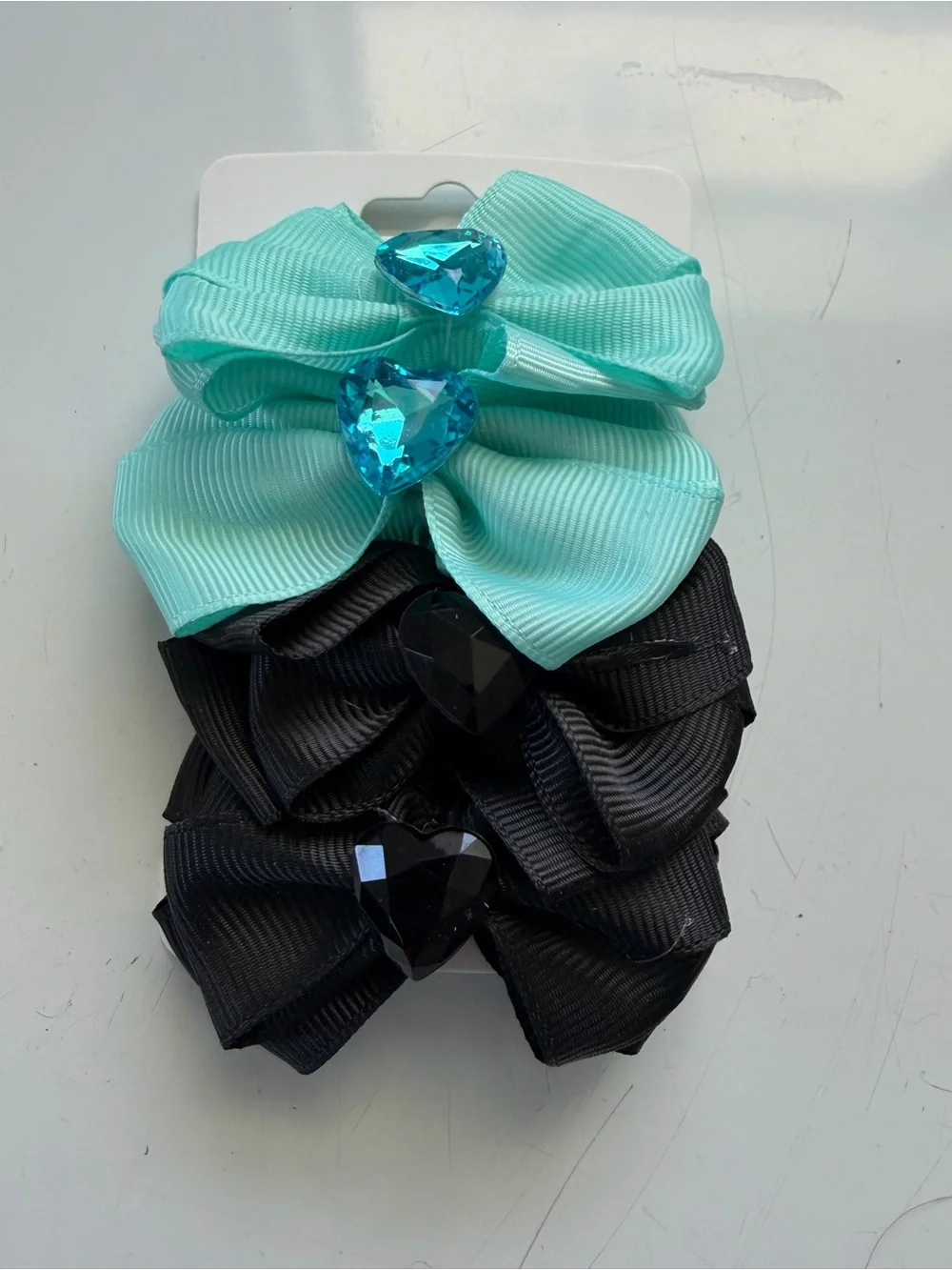 Kids Heart Gem Bow Clip Set - Aqua & Black